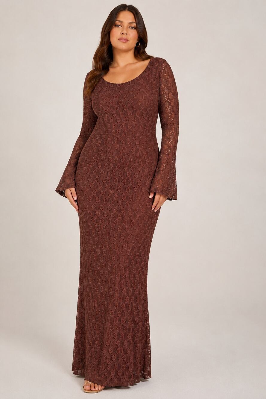 Bardot Evannia Lace Maxi Dress US 12 Chocolate Bell Sleeve Floral NWT